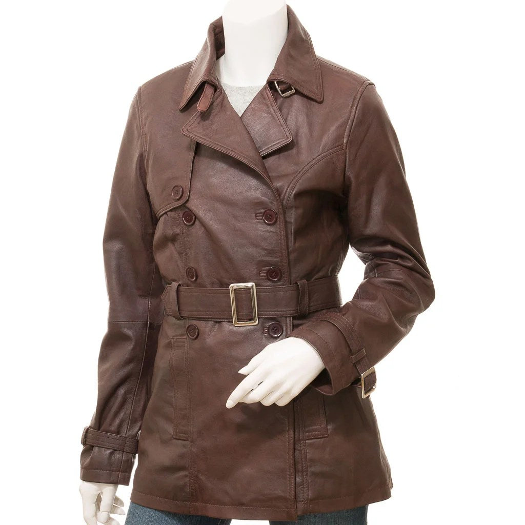 WOMEN BROWN LEATHER TRENCH COAT LONGWOOD