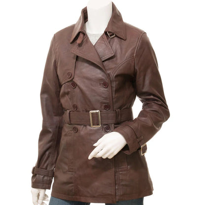 WOMEN BROWN LEATHER TRENCH COAT LONGWOOD