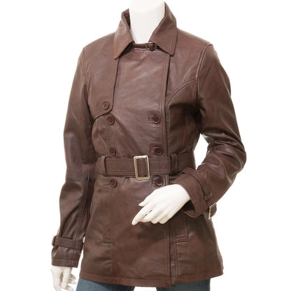 WOMEN BROWN LEATHER TRENCH COAT LONGWOOD