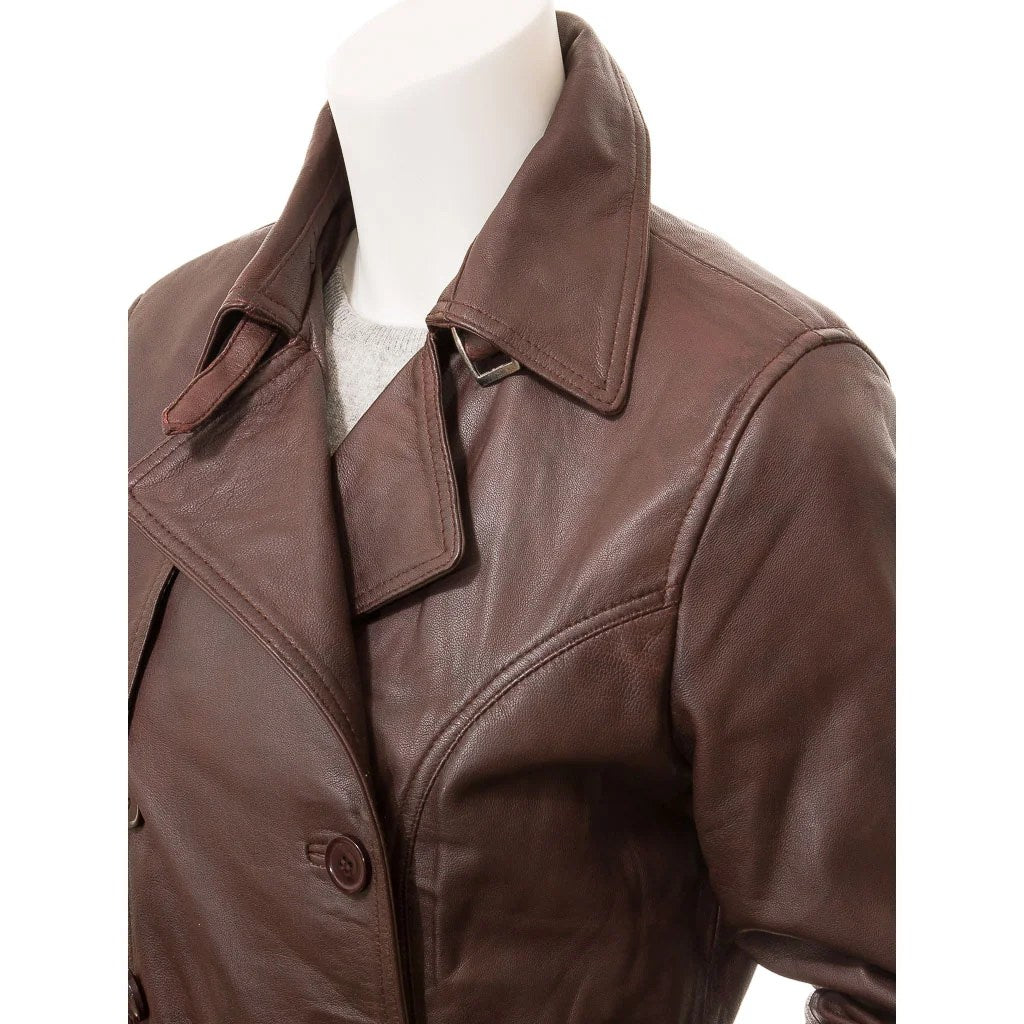 WOMEN BROWN LEATHER TRENCH COAT LONGWOOD